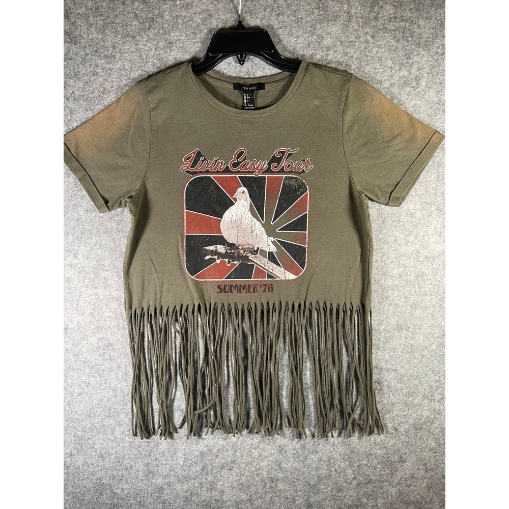 Forever 21 Livin Easy Tour Summer 76 Fringe Graphic Tee Olive Green Large